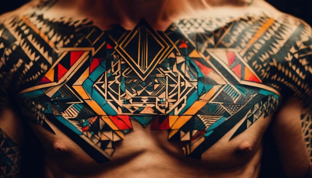 Geometric Chest Tattoos for Men With Abstract Patterns - iPic.ai - Create Beautiful Ai Art or Ai Images For Free contrast of visual hues