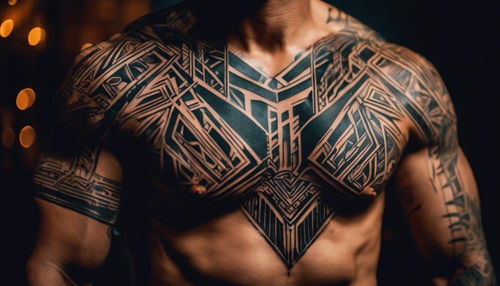 Clean Lines: Chest Tattoo Design Inspiration for Men - iPic.ai - Create Beautiful Ai Art or Ai Images For Free cultural fusion design elements