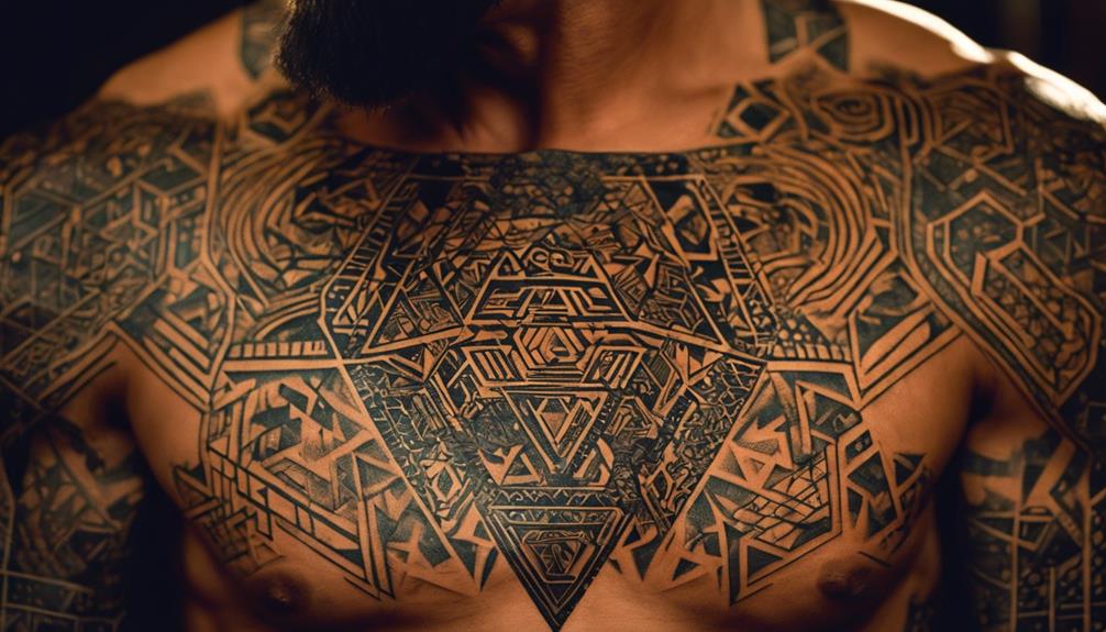 Geometric Chest Tattoos for Men With Abstract Patterns - iPic.ai - Create Beautiful Ai Art or Ai Images For Free designing unique visual forms