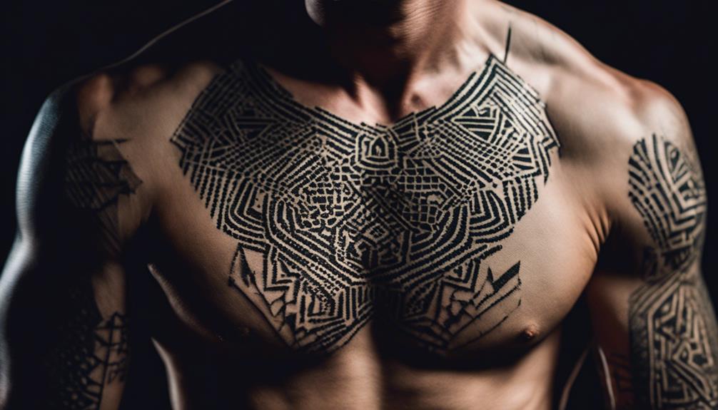 Clean Lines: Chest Tattoo Design Inspiration for Men - iPic.ai - Create Beautiful Ai Art or Ai Images For Free intricate artistic drawing techniques